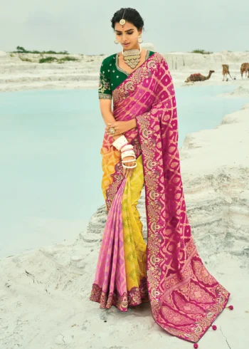 Traditional Rani Yellow Pure Georgette Embroidered Bandhej Designer Saree