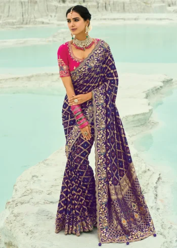 Traditional Purple Pure Georgette Embroidered Bandhej Designer Saree