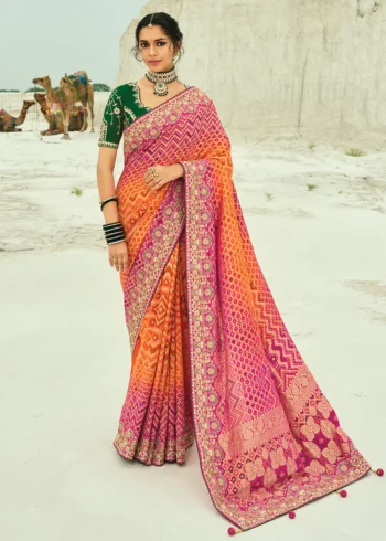 Traditional Orange Rani Pure Georgette Embroidered Bandhej Designer Saree