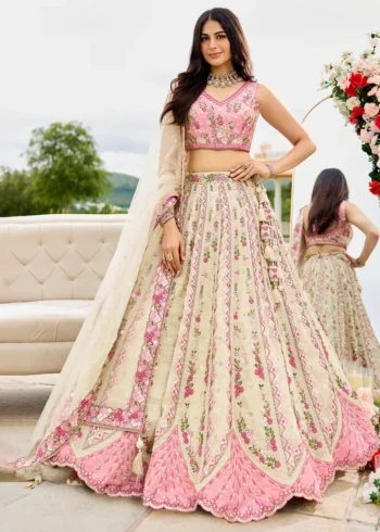 Cream Tissue Fabric Premium Wedding Semi-stitched Lehenga Choli