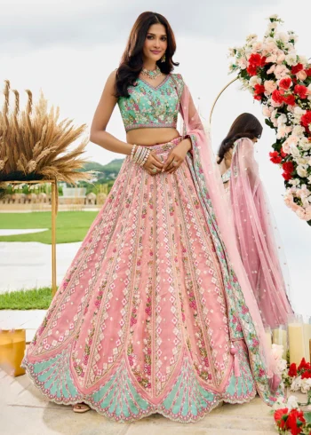 Pink Tissue Fabric Premium Wedding Semi-stitched Lehenga Choli