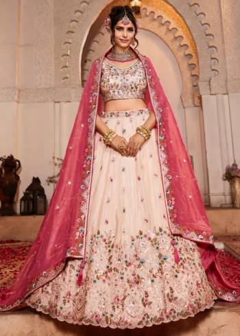 Cream Pink Tissue Embroidered Designer Lehenga Choli