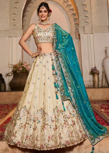 Cream Teal Tissue Embroidered Designer Lehenga Choli