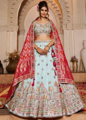 Blue Tissue Mirror Embroidery Designer Lehenga Choli