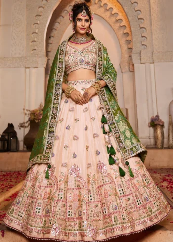 Peach Tissue Mirror Embroidery Designer Lehenga Choli