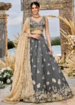 Grey Tissue Fabric Beads and Threads Embroidered Ready to Wear Lehenga Choli With Dupatta