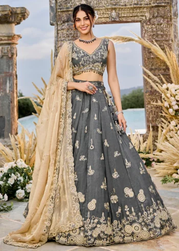 Grey Tissue Fabric Beads and Threads Embroidered Ready to Wear Lehenga Choli With Dupatta