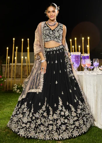 Black Satin Silk Fabric Beads and Sequin Embroidered Ready to Wear Lehenga Choli With Dupatta