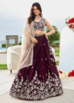 Wine Satin Silk Fabric Beads and Sequin Embroidered Ready to Wear Lehenga Choli With Dupatta