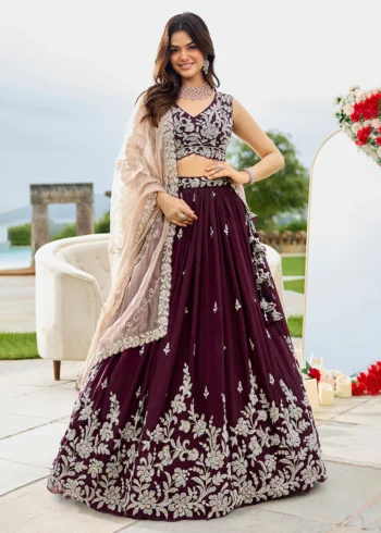 Wine Satin Silk Fabric Beads and Sequin Embroidered Ready to Wear Lehenga Choli With Dupatta