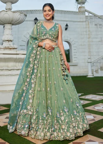 Green Tissue Fabric Beads and Threads Embroidered Ready to Wear Lehenga Choli With Dupatta