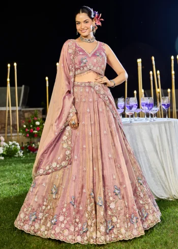 Lavender Tissue Fabric Beads and Threads Embroidered Ready to Wear Lehenga Choli With Dupatta