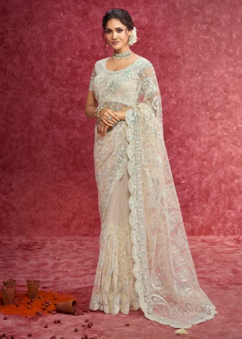 Exquisite Off White Net Embroidered Wedding Wear Saree