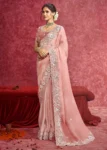 Exquisite Peach Fancy Embroidered Wedding Wear Saree