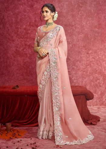 Exquisite Peach Fancy Embroidered Wedding Wear Saree