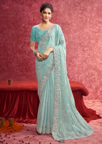 Exquisite Sky Blue Fancy Embroidered Wedding Wear Saree