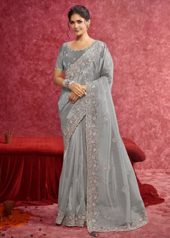 Exquisite Silver Grey Embroidered Wedding Wear Saree