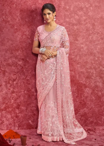 Exquisite Rose Pink Net Embroidered Wedding Wear Saree