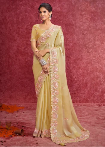 Exquisite Yellow Embroidered Wedding Wear Saree