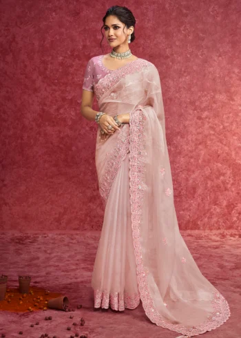 Exquisite Pink Fancy Embroidered Wedding Wear Saree