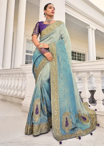 Grey Blue Crape Heavy Embroidered Wedding Designer Saree