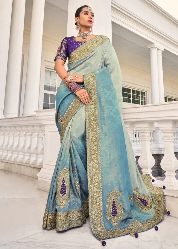 Grey Blue Crape Heavy Embroidered Wedding Designer Saree