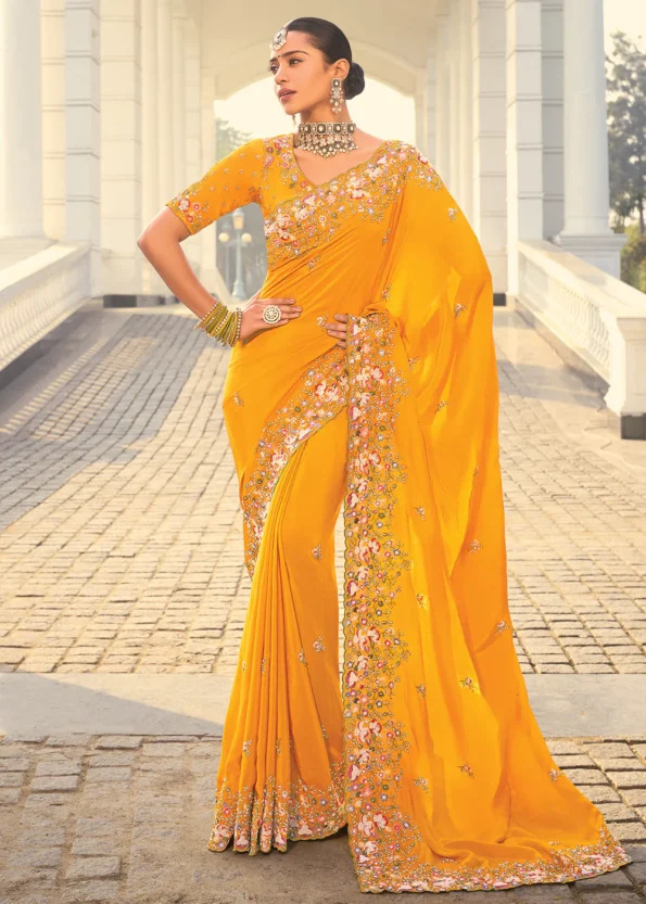 Mustard Crape Heavy Embroidered Wedding Designer Saree