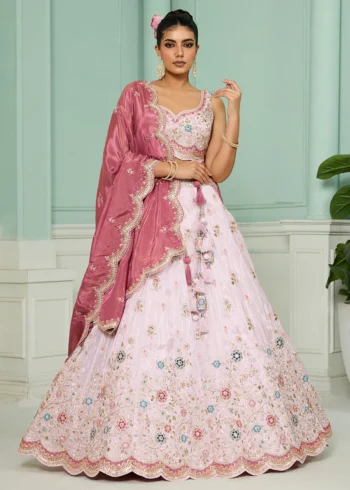 Pink Tissue Fabric Embroidered Wedding Lehenga Choli