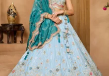 Turquoise Blue Tissue Fabric Embroidered Wedding Lehenga Choli