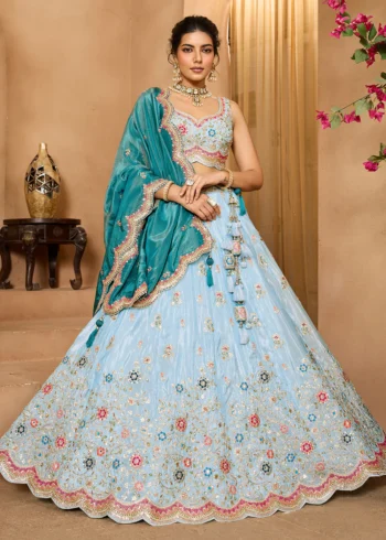 Turquoise Blue Tissue Fabric Embroidered Wedding Lehenga Choli