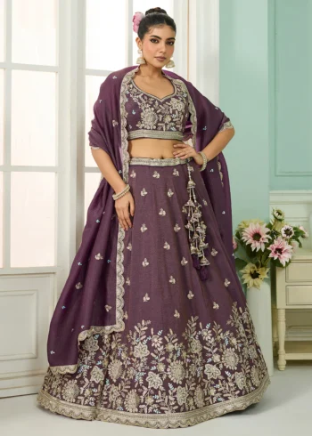 Purple Tissue Fabric Embroidered Wedding Lehenga Choli