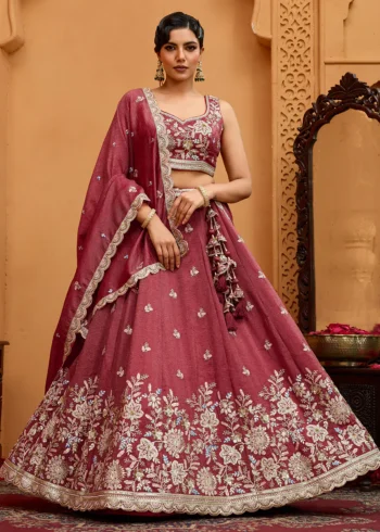 Rosegold Tissue Fabric Embroidered Wedding Lehenga Choli