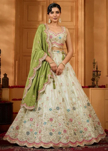 Limegreen Tissue Fabric Embroidered Wedding Lehenga Choli