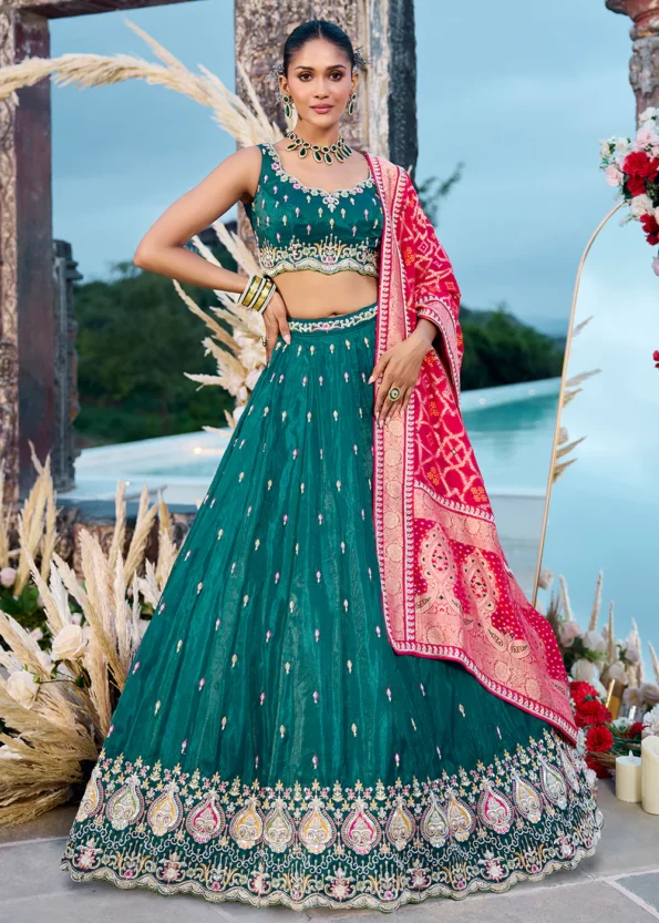 Green Cosmos Silk Fabric Sequins embroidery Semi-Stitched Lehenga Choli