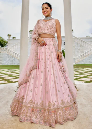 Pink Silk Fabric Beads and Sequins Embroidered Semi-Stitched Lehenga Choli